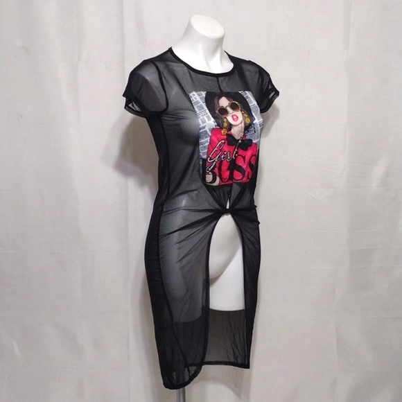 Occasion Edgy Black Mesh Embellished Graphic Top Short Sleeve GIRL BOSS Tee M - Picture 5 of 10